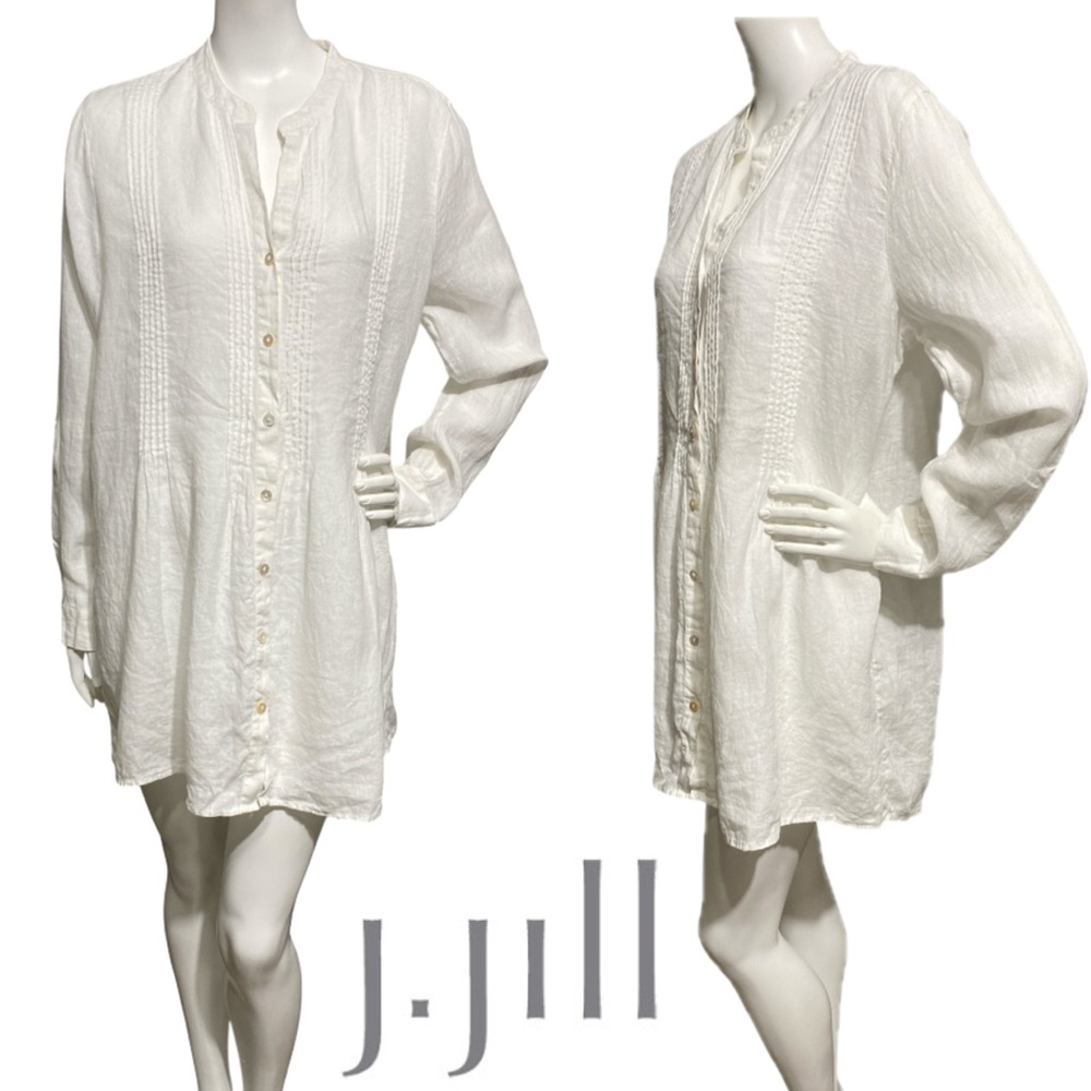 J Jill Shirt Dress Love Linen White Pintuck Roll Tab Tunic Top Dress Size Medium